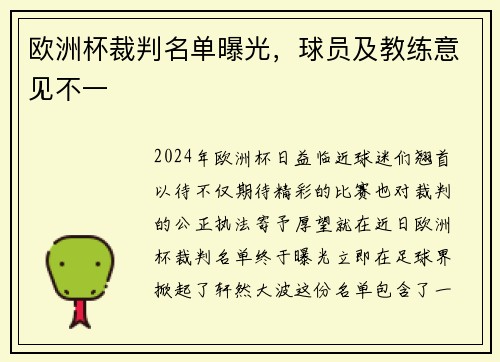 欧洲杯裁判名单曝光，球员及教练意见不一