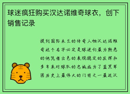 球迷疯狂购买汉达诺维奇球衣，创下销售记录