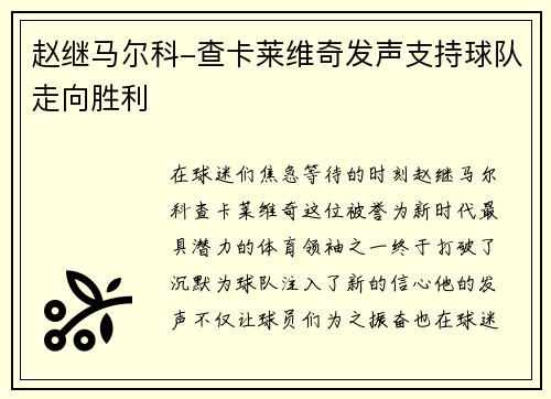 赵继马尔科-查卡莱维奇发声支持球队走向胜利